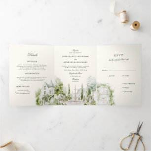 Convite Com Dobra Tripla Elegante Casamento de Jardim em Mansão com Aquarel