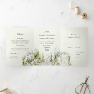Convite Com Dobra Tripla Elegante Casamento de Jardim em Mansão com Aquarel