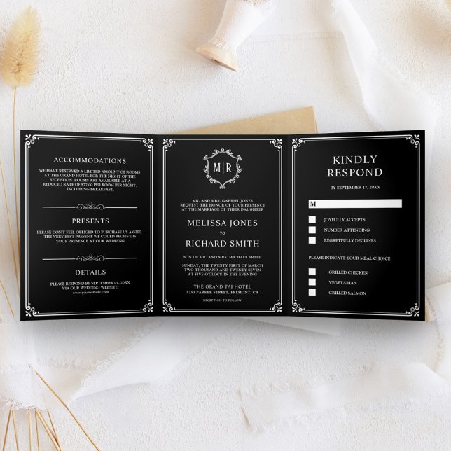 Convite Com Dobra Tripla Elegante Clássico Casamento Monograma Preto (Criador carregado)