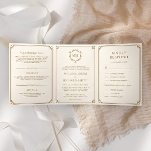 Convite Com Dobra Tripla Elegante Clássico Creme e Dourado Monograma Casame