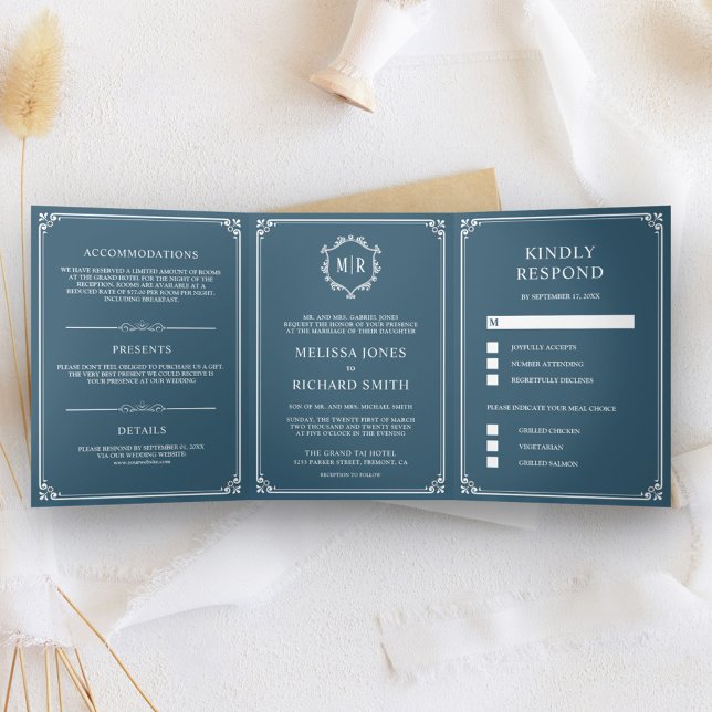 Convite Com Dobra Tripla Elegante Clássico Monograma Casamento Azul Empoeir (Criador carregado)
