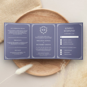 Convite Com Dobra Tripla Elegante Clássico Monograma Casamento Roxo Empoeir
