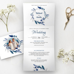 Convite Com Dobra Tripla Elegante Coroa Floral Azul Marinho Foto Casamento