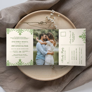Convite Com Dobra Tripla Elegante Damasco Verde Casamento Tradicional India