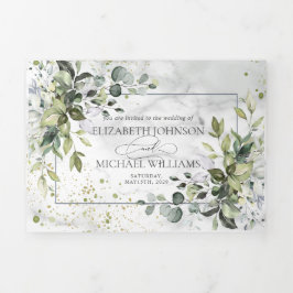 Convite Com Dobra Tripla Elegante Dusty Blue Eucalyptus Greenery Marble