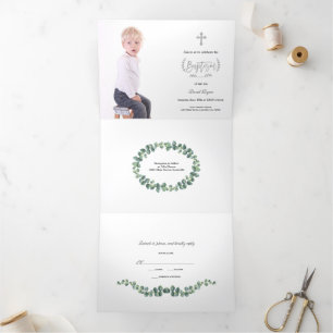 Convite Com Dobra Tripla Elegante Eucalyptus Greenery Boy Foto Baptism