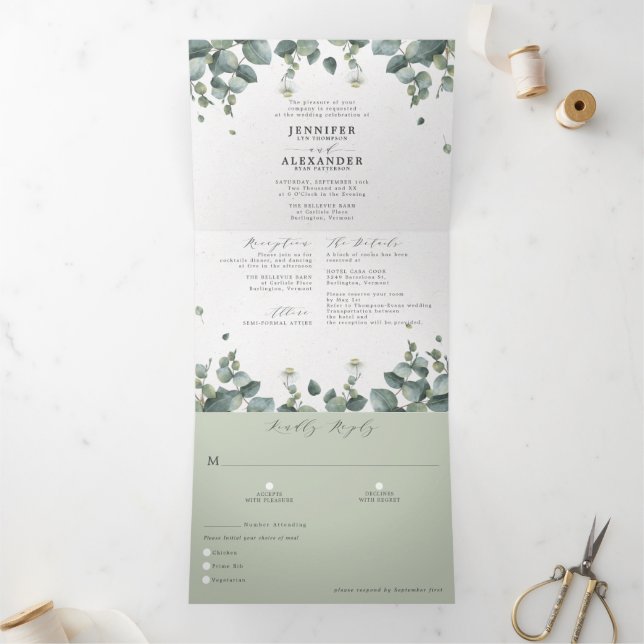 Convite Com Dobra Tripla Elegante Eucalyptus Tudo em uma Inv Tripla Casada (Dentro)