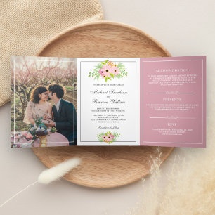 Convite Com Dobra Tripla Elegante Floral Rosa Tudo em Um Foto Casamento