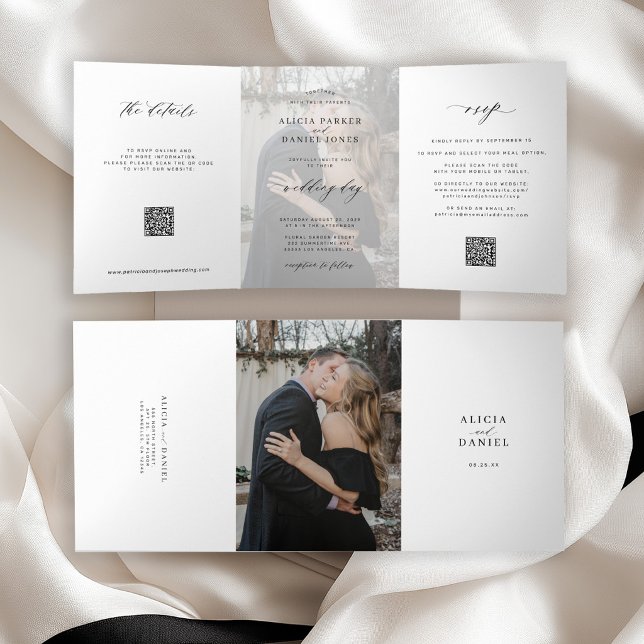 Convite Com Dobra Tripla Elegante foto com detalhes simples de RSVP de casa (Criador carregado)