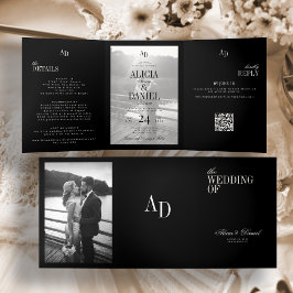 Convite Com Dobra Tripla Elegante foto de casamento em marfim preto RSVP tu