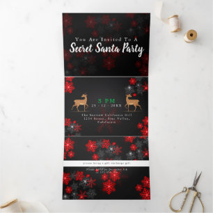 Convite Com Dobra Tripla Elegante Ho Red Cinza Flocos de Neve Natal Ano Nov