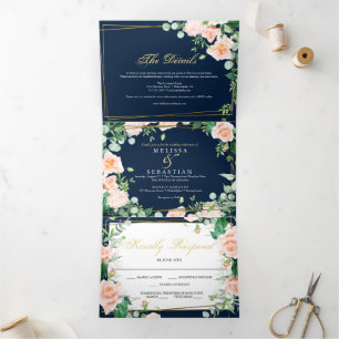 Convite Com Dobra Tripla elegante Invitación triple azul oro marino Invitac
