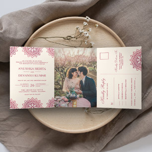 Convite Com Dobra Tripla Elegante Mandala Rosa Casamento Tradicional Indian