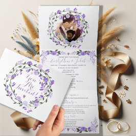 Convite Com Dobra Tripla Elegante Peônia Floral Roxa Casamento Tri-Dobra Fo