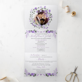 Convite Com Dobra Tripla Elegante Peônia Floral Roxa Casamento Tri-Fold Fot