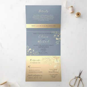 Convite Com Dobra Tripla Elegante Pó Azul Dourado Floral Casamento