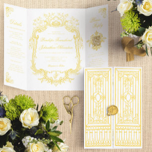Convite Com Dobra Tripla Elegante Porta Barroca em Ouro Casamento de Conto 
