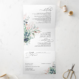 Convite Com Dobra Tripla Elegante Rosa Dourado Suculente Casamento Verde