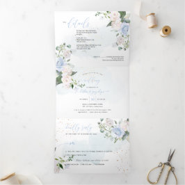 Convite Com Dobra Tripla Elegante Rosas de cor azul-poeirenta