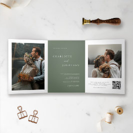 Convite Com Dobra Tripla Elegante Sage Green Wedding RSVP Detalhes Foto