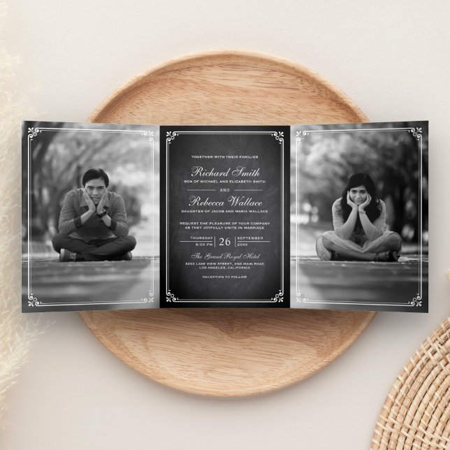 Convite Com Dobra Tripla Elegante Simples Clássico Quadro Negro Foto Casame (Criador carregado)