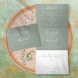 Convite Com Dobra Tripla Elegante Verde Sage Moderno Script Foto Casamento