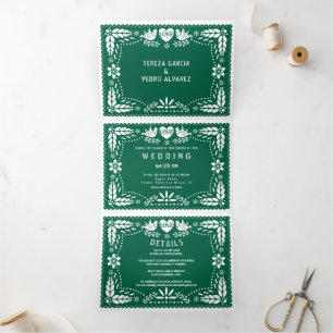 Convite Com Dobra Tripla Emerald Green papel picado amor aves casamento