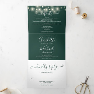 Convite Com Dobra Tripla Emerald String Lights Script Casamento Monograma