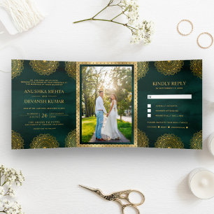 Convite Com Dobra Tripla Esmeralda e Dourado Mandala Asiático Casamento Ind