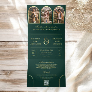 Convite Com Dobra Tripla Esmeralda Ouro Arco Mínimo Foto Código QR Casament