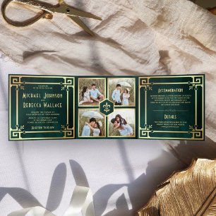 Convite Com Dobra Tripla Esmeralda Verde Dourado Art Déco Colagem de Fotos