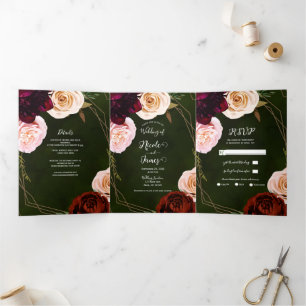 Convite Com Dobra Tripla Esmeralda Verde Dourado Escuro Floral Trifold Casa