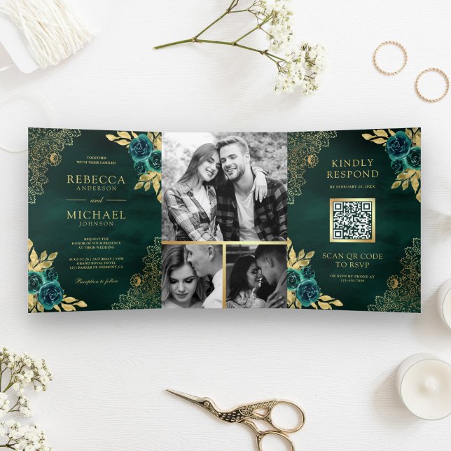 Convite Com Dobra Tripla Esmeralda Verde Floral Dourado Renda Código QR Cas (Criador carregado)