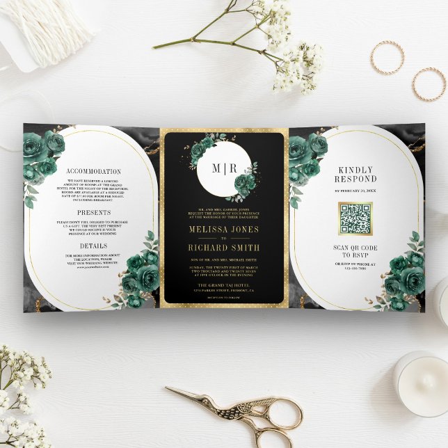 Convite Com Dobra Tripla Esmeralda Verde Floral Preto Mármore Código QR Cas (Criador carregado)