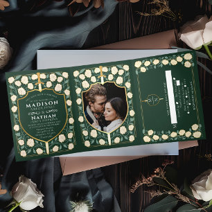 Convite Com Dobra Tripla Espada e escudo fantasia medieval verde de casamen