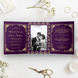 Convite Com Dobra Tripla Estilo Art Déco Vintage Casamento Roxo e Dourado