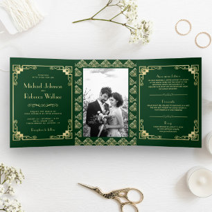 Convite Com Dobra Tripla Estilo de Deco de Arte Vintage Verde e Casamento D