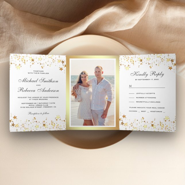 Convite Com Dobra Tripla Estrelas de Folha Dourada Confete Branco Casamento (Criador carregado)