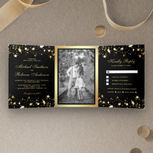 Convite Com Dobra Tripla Estrelas de Papel Alumínio Confete Casamento Preto