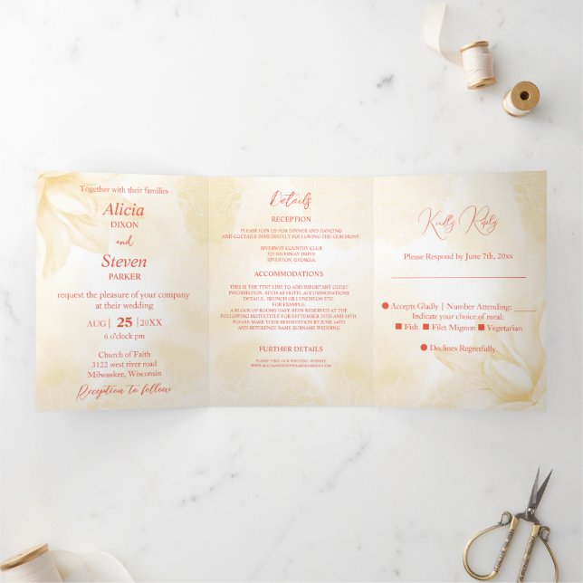 Convite Com Dobra Tripla Eteal Magnolia, Casamento (Dentro)
