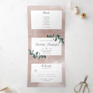 Convite Com Dobra Tripla eucalipto aquarela rosa tudo em um casamento