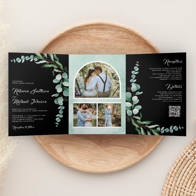 Convite Com Dobra Tripla Eucalyptus Branch Photo QR Code Black Wedding (Criador carregado)