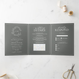 Convite Com Dobra Tripla Eucalyptus Green Leafy Crest Monograma Casamento