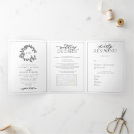 Convite Com Dobra Tripla Eucalyptus Green Leafy Crest Monograma Casamento