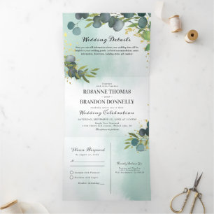 Convite Com Dobra Tripla Eucalyptus Greenery 3 em 1 Casamento