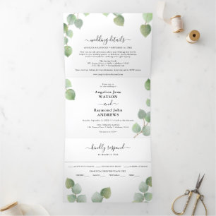 Convite Com Dobra Tripla Eucalyptus Greenery e Casamento Clássico Dourado