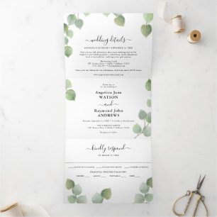 Convite Com Dobra Tripla Eucalyptus Greenery e Casamento Clássico Dourado