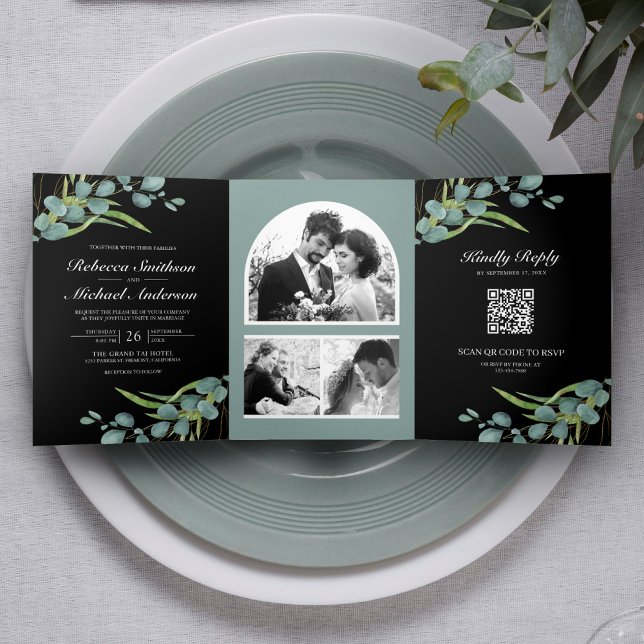 Convite Com Dobra Tripla Eucalyptus Photo Collage Código QR Casamento Preto (Criador carregado)
