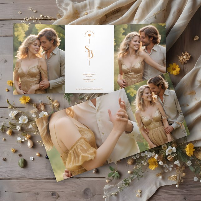 Convite Com Dobra Tripla Exquisite Elegant Minimalist Gold Wedding Initials (Exquisite Elegant Minimalist Gold Effect Wedding Initials 4 Photos Save the Date Tri-Fold Card.)