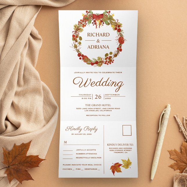 Convite Com Dobra Tripla Fall Autumn Rustic Country Sai do Casamento de Ter (Criador carregado)